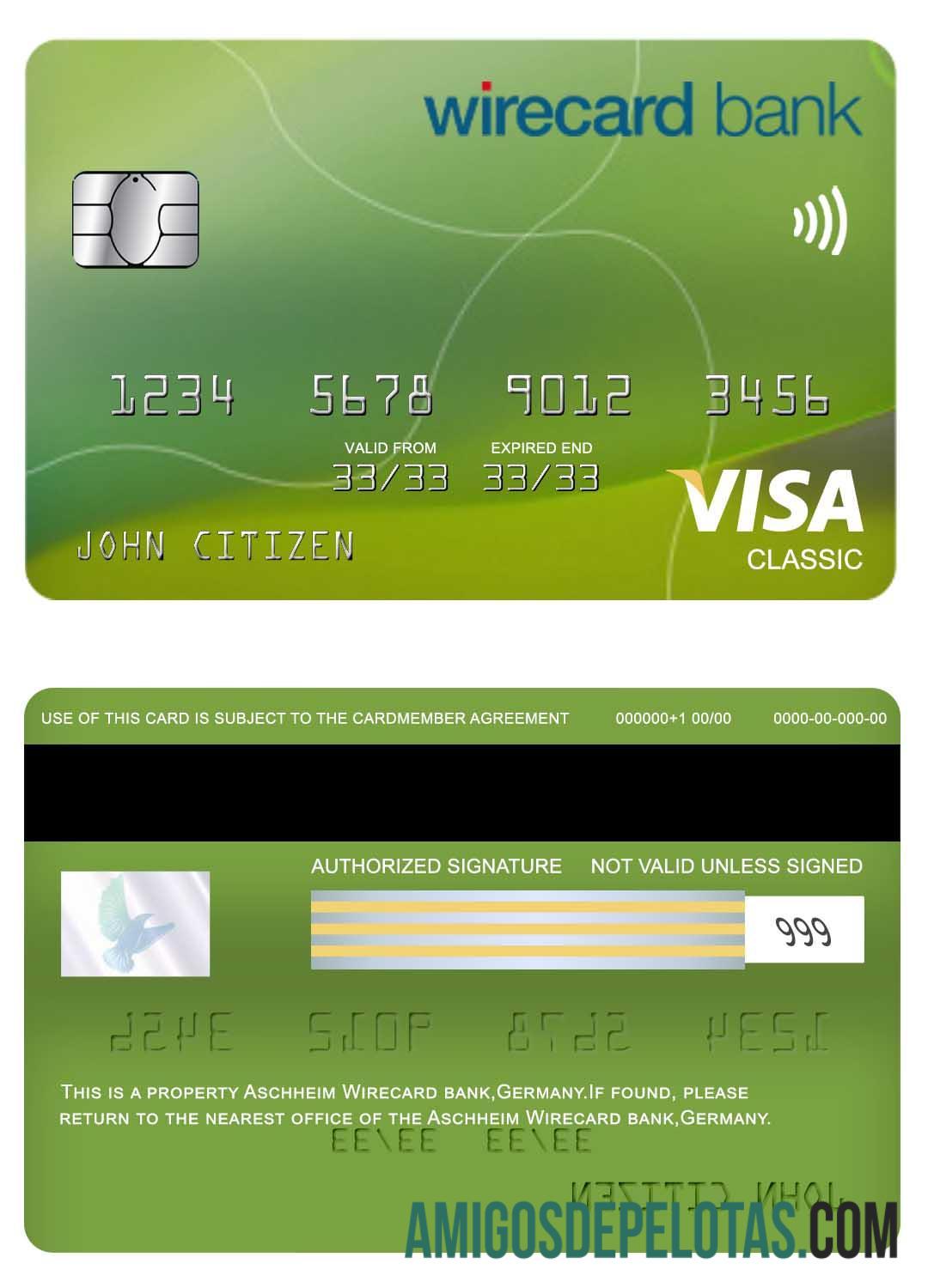 Cartão Visa Classic da Alemanha Aschheim Wirecard Bank amostra